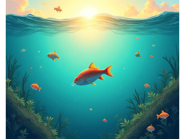 水中に沈む生分解性ルアーのイラスト。周囲には元気な魚が泳ぎ、太陽の光が水面に反射している。