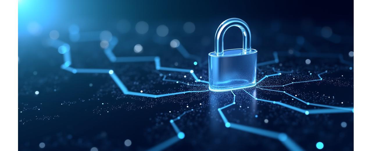 データのセキュリティとプライバシー保護を象徴する、ロックされた鍵とネットワークのイラスト