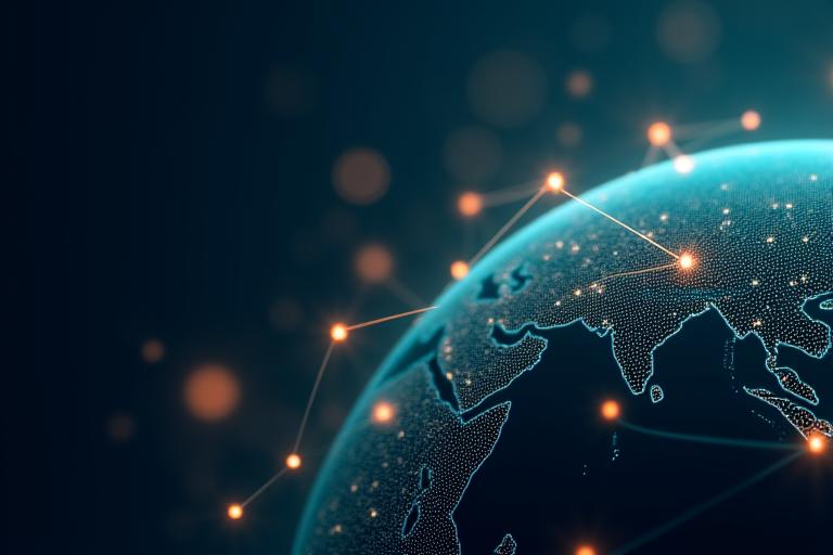 地球の複雑なサプライチェーンネットワークを視覚化した、精密で抽象的な3Dグラフィック。データポイントが光の線でつながり、完璧な追跡を表現している。