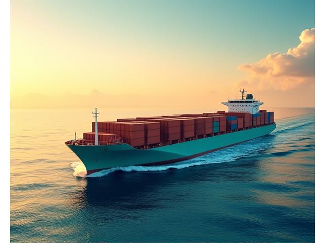 世界地図の上を移動する貨物船とコンテナ、効率化された物流フロー